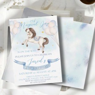 Fairytale Pony Stars Blue Balloons Birthday Party Invitation