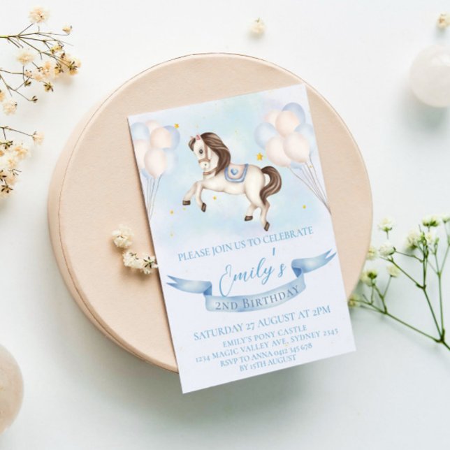 Fairytale Pony Stars Blue Balloons Birthday Party Invitation (Creator Uploaded)