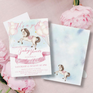 Fairytale Pony Stars Pink Balloons Baby Shower Invitation