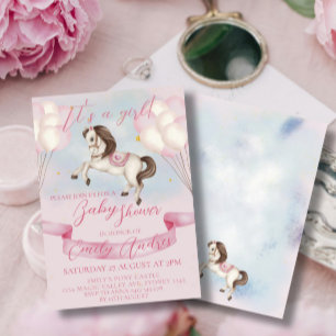 Fairytale Pony Stars Pink Balloons Baby Shower Invitation