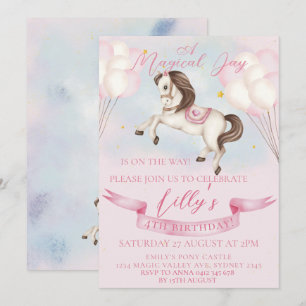 Fairytale Pony Stars Pink Balloons Birthday Party Invitation