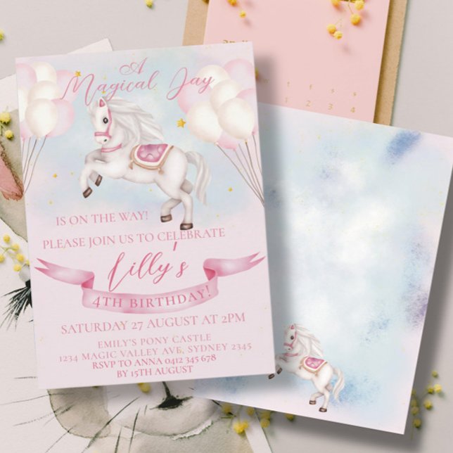 Fairytale Pony Stars Pink Balloons Birthday Party Invitation (Creator Uploaded)