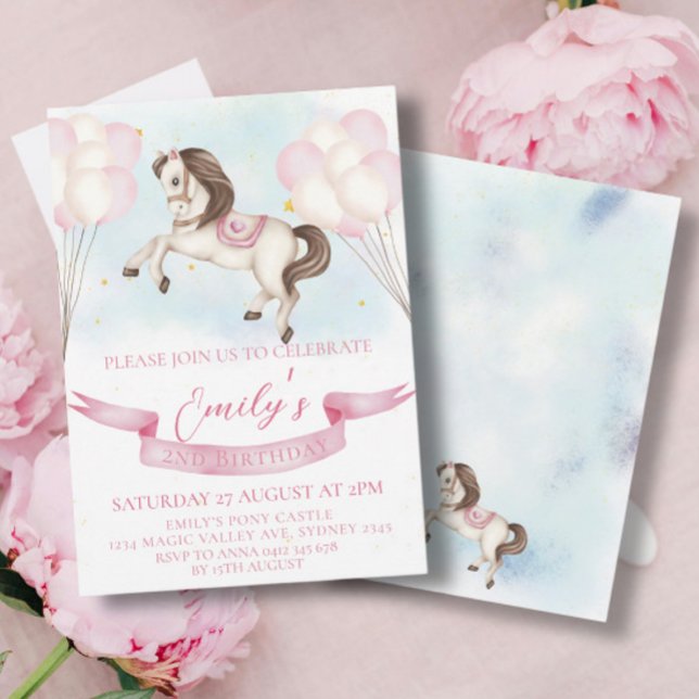 Fairytale Pony Stars Pinky Balloons Birthday Party Invitation (Creator Uploaded)
