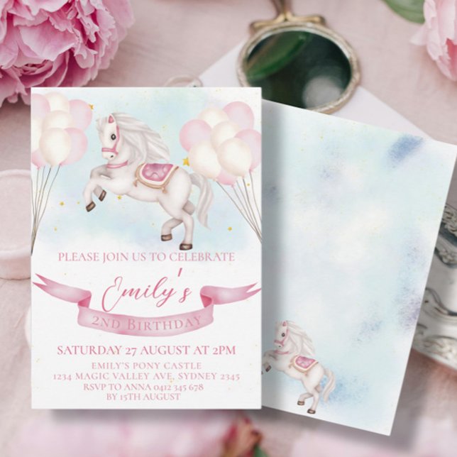 Fairytale Pony Stars Pinky Balloons Birthday Party Invitation (Creator Uploaded)