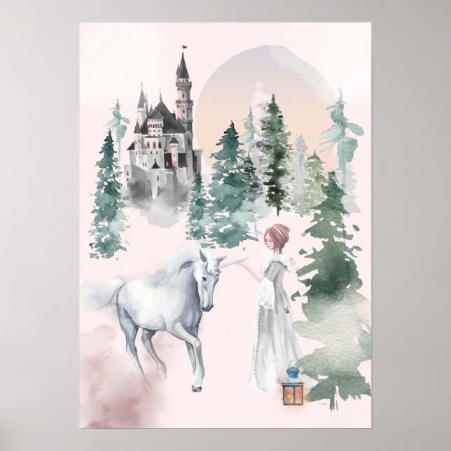Fairytale Princess and Unicorn of Forest Castle Poster (Front)