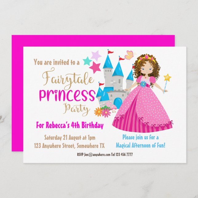 Fairytale Princess Brown Hair Birthday Party Invitation (Front/Back)