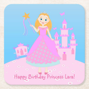 Fairytale Princess in Pink Birthaday Party Square Paper Coaster
