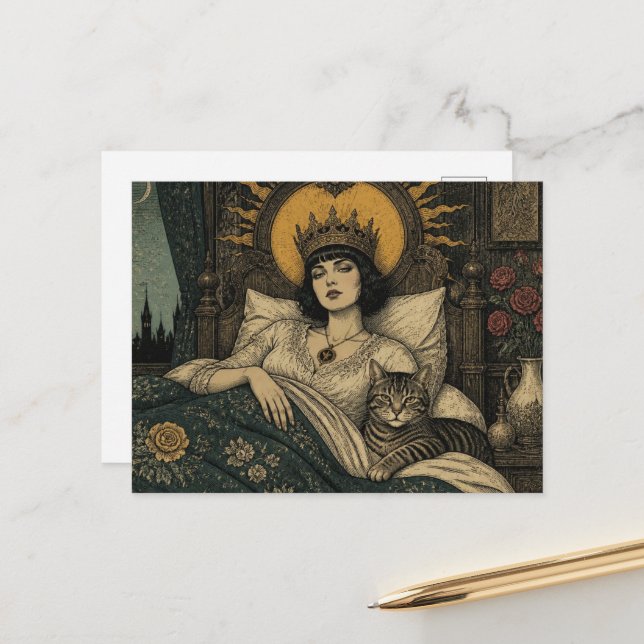 Fairytale Queen and Her Cat in Bed Postcard (Front/Back In Situ)