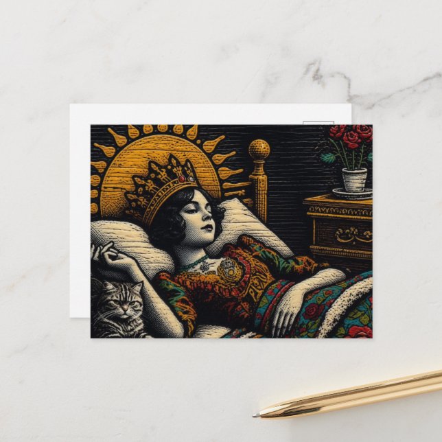 Fairytale Queen and Her Cat in Bed Postcard (Front/Back In Situ)