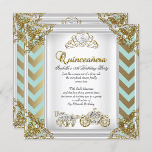 Fairytale Quinceanera 15th Birthday Mint Gold 2 Invitation