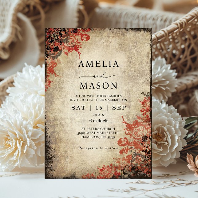 Fairytale Red Roses Wedding Invitation (Elegant Vintage Red Roses Fairytale Wedding Invitation)