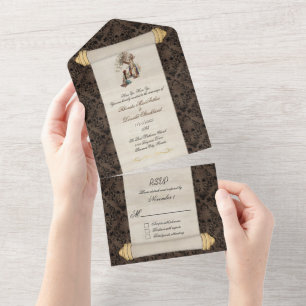 Fairytale Romantic Lord and Lady Scroll Wedding  All In One Invitation