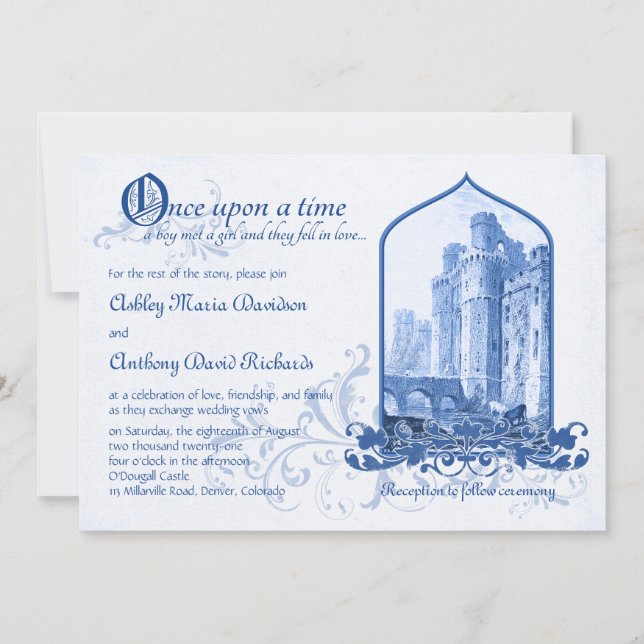 Fairytale Royal Blue Castle Once Upon Wedding Invitation (Front)