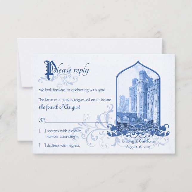 Fairytale Royal Blue Castle Once Upon Wedding RSVP (Front)