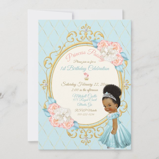 Fairytale Royal Princess Pink Aqua Girl Ethnic Invitation (Front)