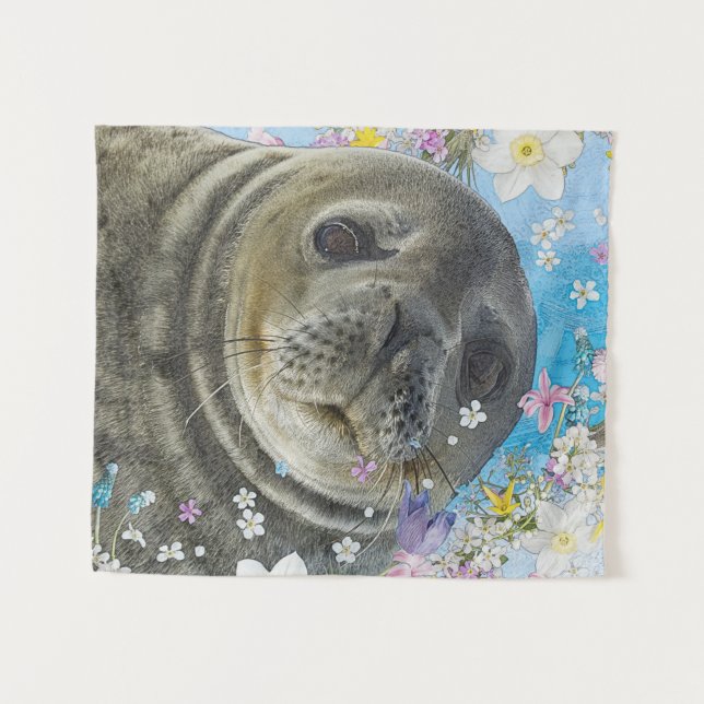 Fairytale Sealion in Ocean of Flowers Tapestry (Front (Horizontal))