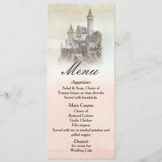 Fairytale Storybook Castle Wedding Menu Card (Front)