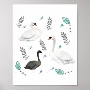Fairytale Swan Illustration Folk Botanical Nursery Poster