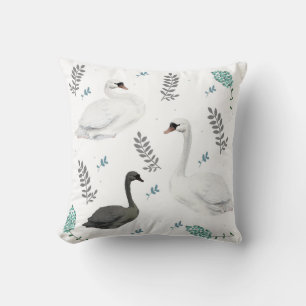 Fairytale Swan Illustration Folk Botanical Pattern Cushion