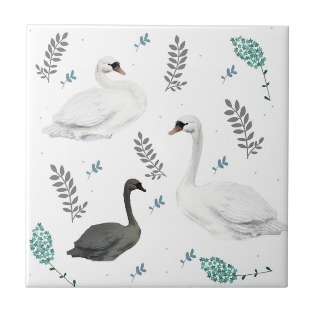 Fairytale Swan Illustration Folk Botanical  Tile (Front)