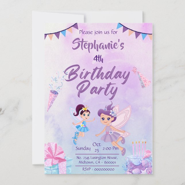 Fairytale themed cute modern pastel 4th birthday invitation (Front)