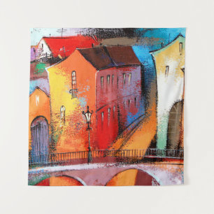 Fairytale town in orange colour. Photo of acrylic Tapestry