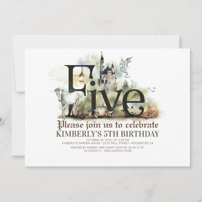 Fairytale Unicorn Dragon Magic Castle 5th Birthday Invitation (Front)