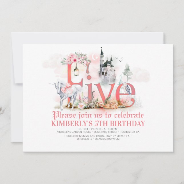 Fairytale Unicorn Princess Castle 5th Birthday Invitation (Front)