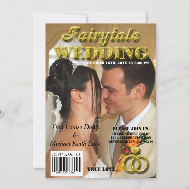 Fairytale Wedding Gold Glitter Magazine Cover Invitation (Front)