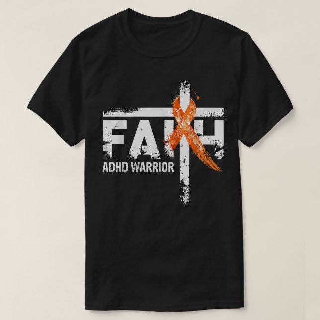 Faith ADHD Awareness Orange Ribbon Christian Cross T-Shirt (Design Front)