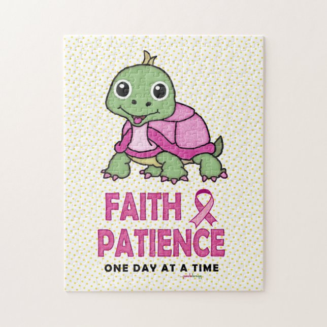 Faith an Patience: Breast Cancer Pink Green Turtle Jigsaw Puzzle (Vertical)