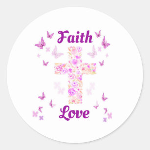 Faith and Love Cross of Roses with Pink Butterflie Classic Round Sticker