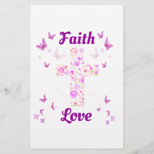 Faith and Love Cross of Roses with Pink Butterflie Stationery