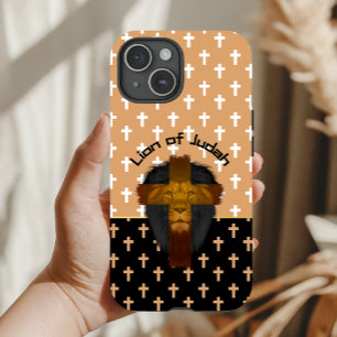 Faith Beige Black White Crosses Lion of Judah iPhone 15 Case