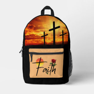 Faith Black Typography With Rose And Cross Printed Backpack
