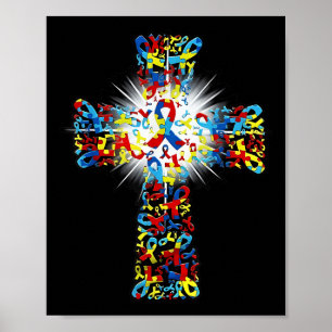 Faith Christian Cross Ribbon Puzzle Autism Awarene Poster