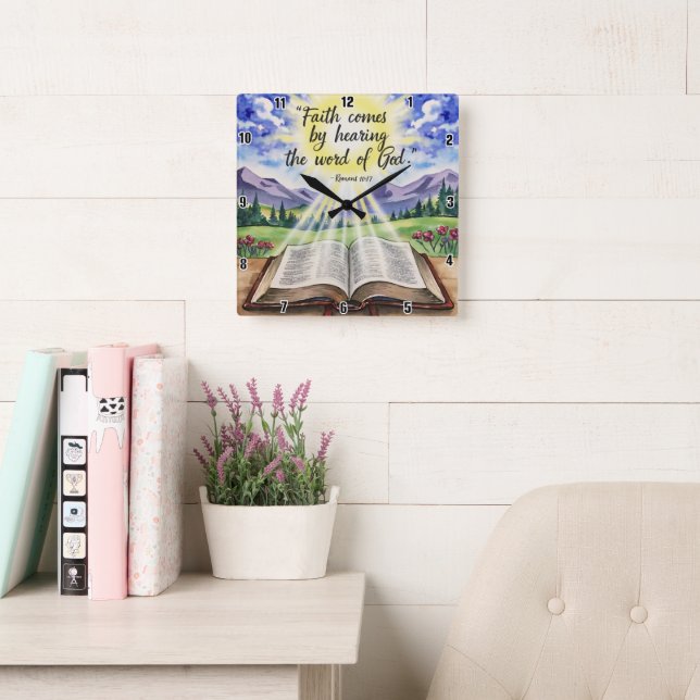 Faith comes by hearing the word of God Romans 10: Square Wall Clock (Reading Room)