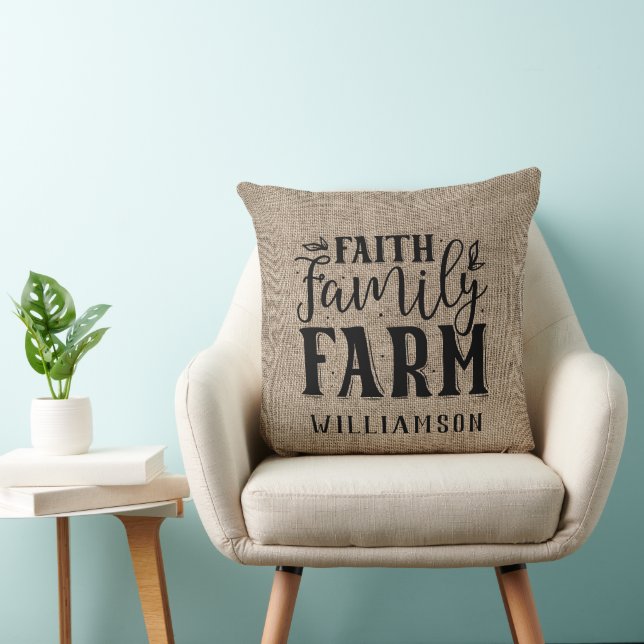 Faith Family Farm Burlap Family Name Pillow  (Chair)