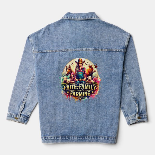 ✨Faith, Family & Farming - Cowgirl Ranch Shirt Denim Jacket (Back)