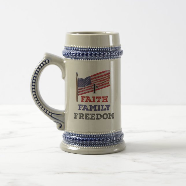 Faith Family Freedom Cross With Flag Beer Stein (Left)