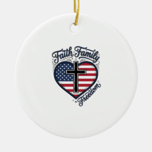 Faith Family Freedom Patriotic Cross Heart Shirt D Ceramic Tree Decoration