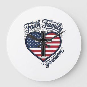 Faith Family Freedom Patriotic Cross Heart Shirt D Large Clock