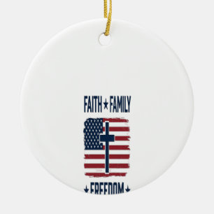 Faith Family Freedom Patriotic Cross USA Flag Vect Ceramic Tree Decoration