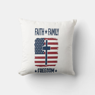 Faith Family Freedom Patriotic Cross USA Flag Vect Cushion