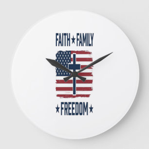 Faith Family Freedom Patriotic Cross USA Flag Vect Large Clock