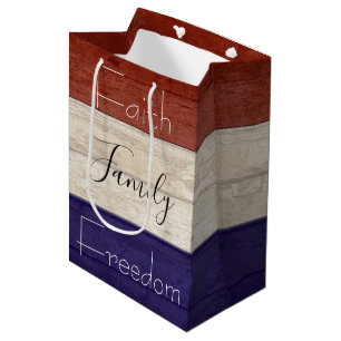 Faith family freedom patriotic wood medium gift bag