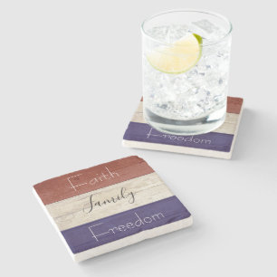 Faith family freedom patriotic wood stone coaster