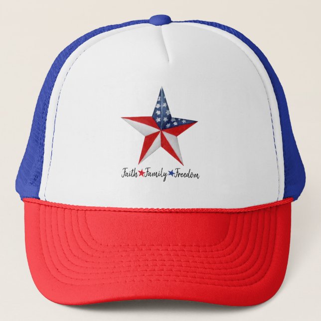 Faith Family Freedom Red White Blue Star Patriotic Trucker Hat (Front)