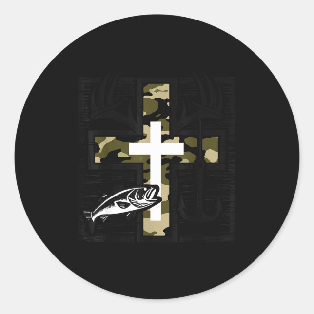 Faith Fishing Hunting Camo Cross With Hook B Chris Classic Round Sticker (Front)