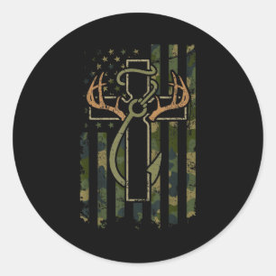 Faith Fishing Hunting Camo Us Flag Cross With Hook Classic Round Sticker